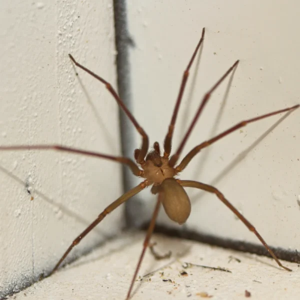Small brown recluse spider climbing a wall.