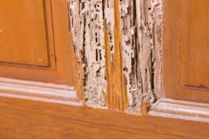 Termite damage on kitchen cabinet doors.