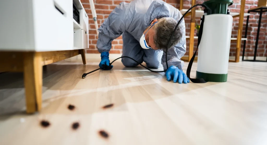 Exterminator looking under furniture for cockroaches and cockroach eggs