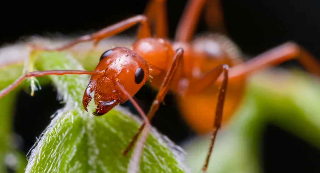 Red carpenter ant on leaf head on