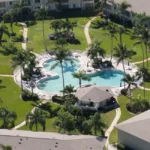 Shared pool area at a modern Florida apartment complex, a common hotspot for pest activity in resident amenities.