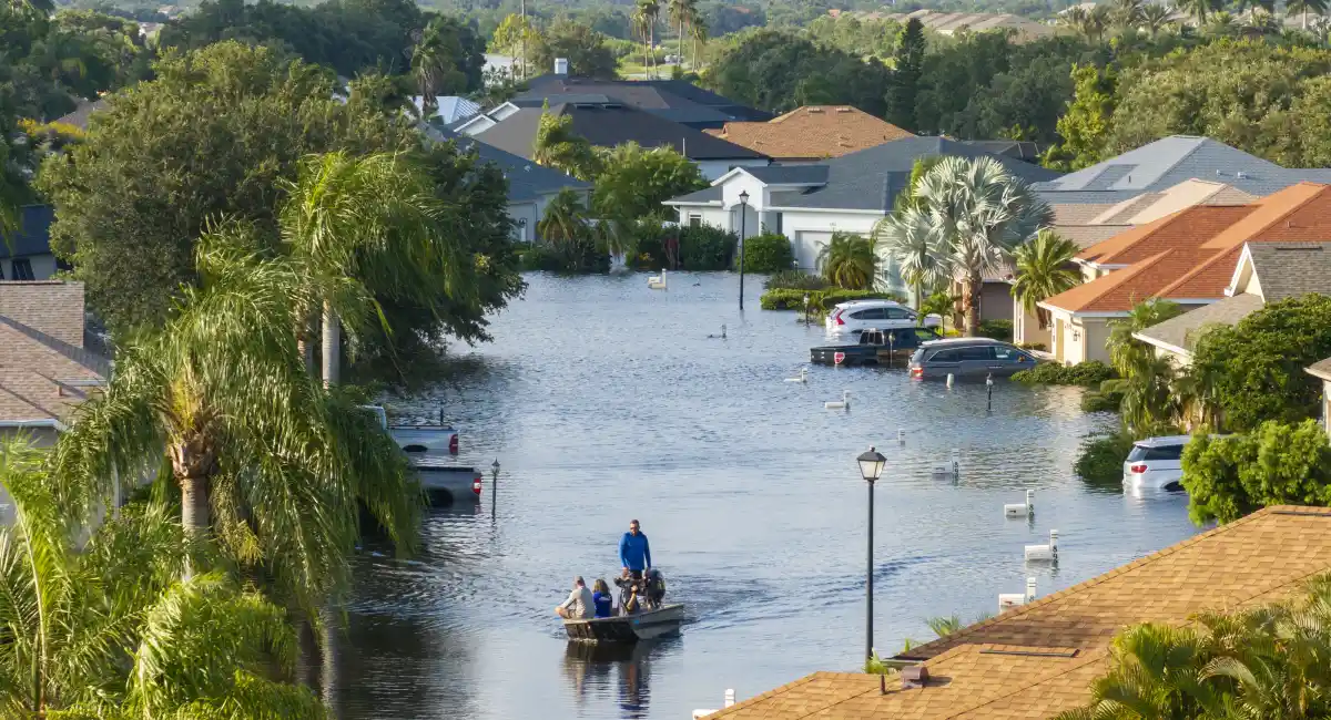 aerial view of town after a flood with very high water among residential homes