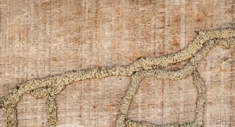 Termite tunnels spread out across a wooden surface
