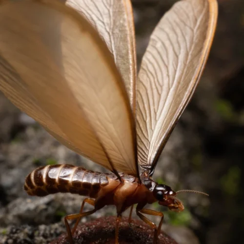 An alate, or swarmer termite, with large, brown wings much bigger than its body