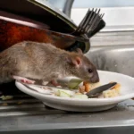 close up of rat eating out of plate in sink