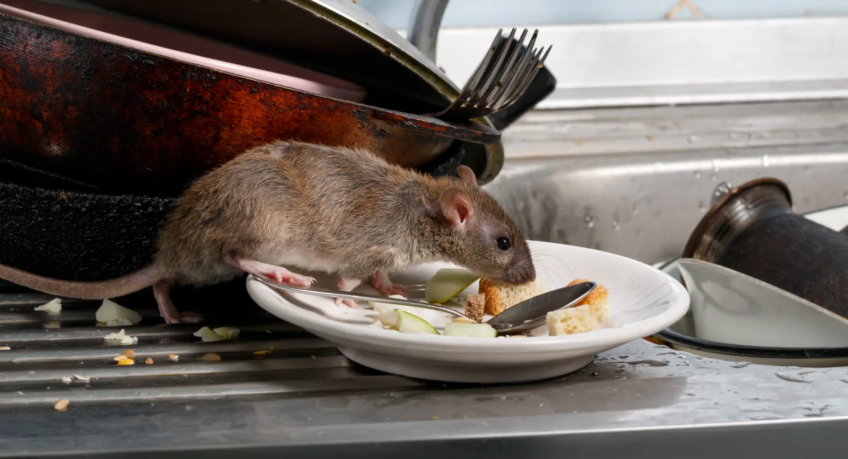 close up of rat eating out of plate in sink