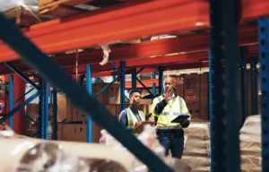Warehouse staff in high-visibility vests inspecting inventory and reviewing stock information using a tablet in a storage facility.
