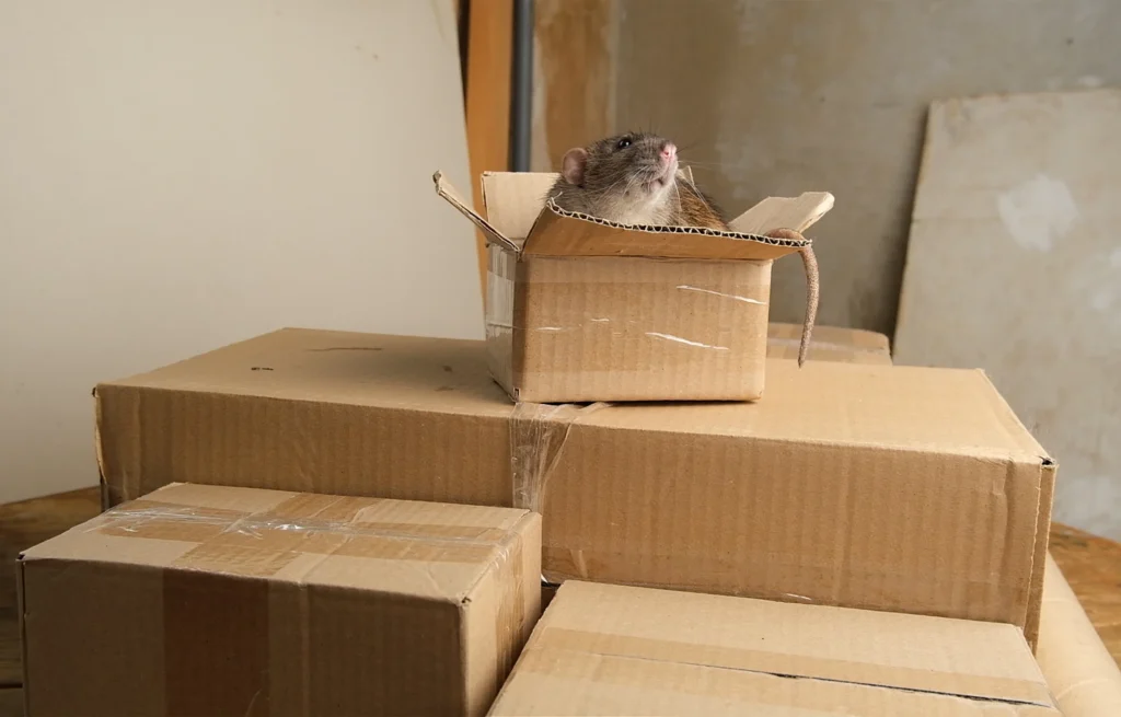 Rat inside an open cardboard box among stacked shipping packages, illustrating pest activity in a storage or distribution environment.