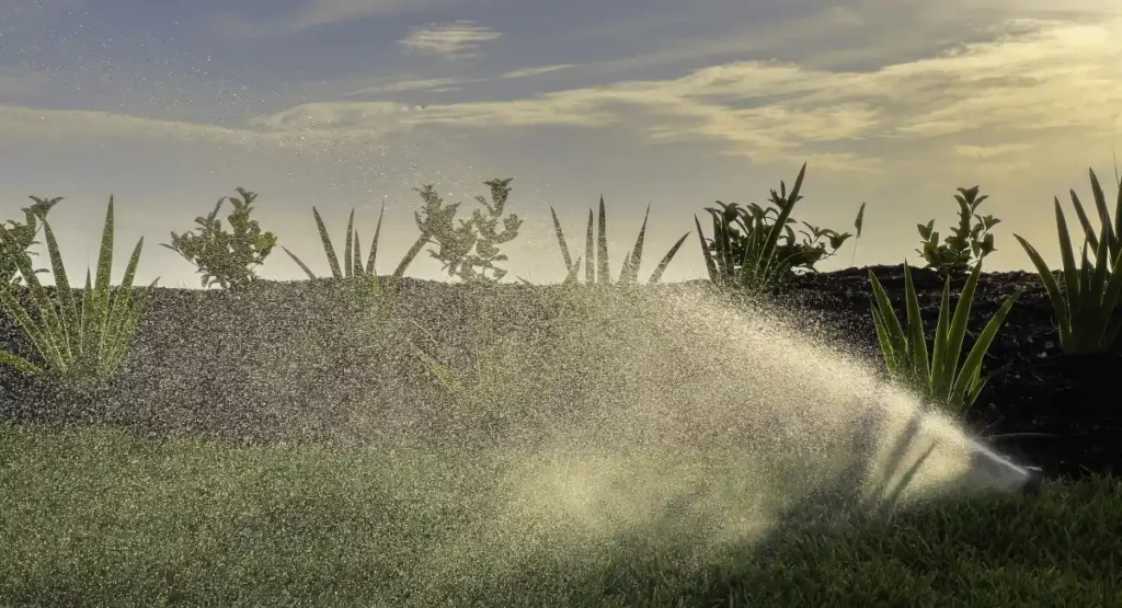 Water spray droplets from a garden sprinkler