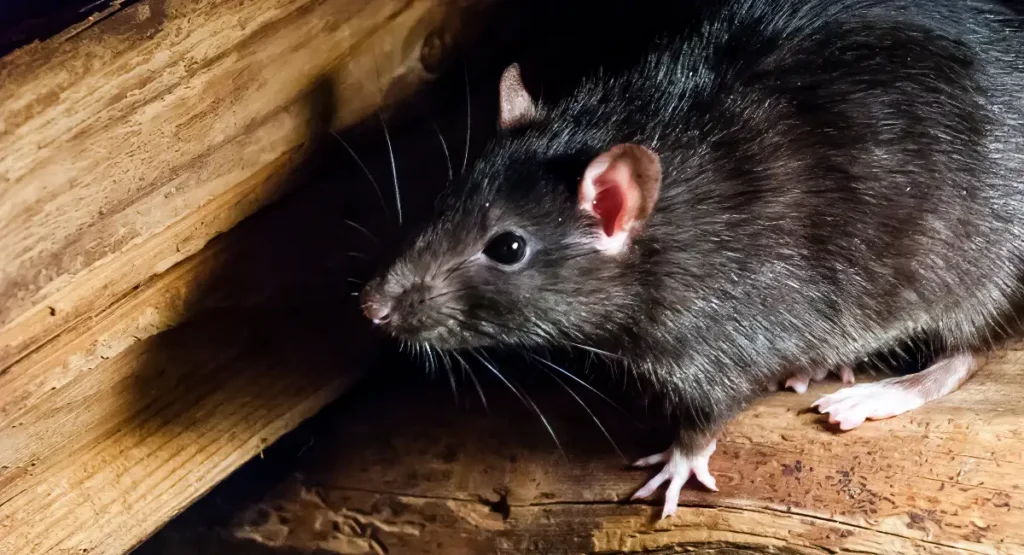 A roof rat resting on a roof joist