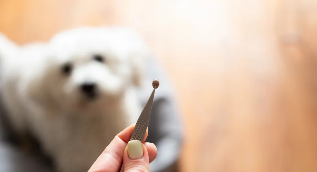 A tick removed from a white dog