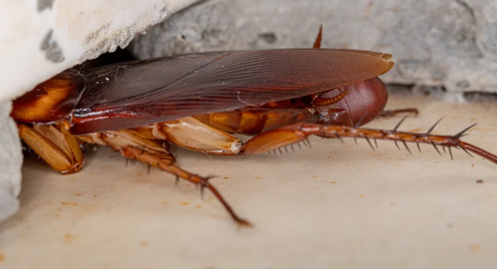 An adult American cockroach laying eggs