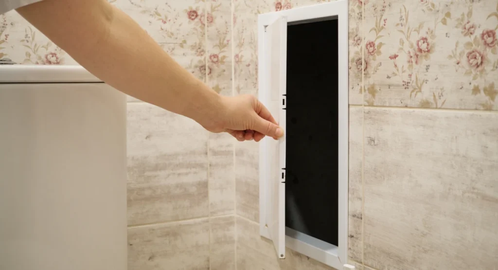 Checking a hidden bathroom maintenance hatch for pests