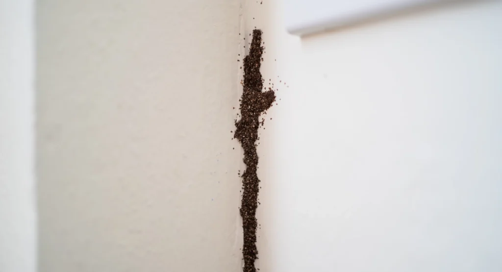 A termite mud tube climbing an exterior wall