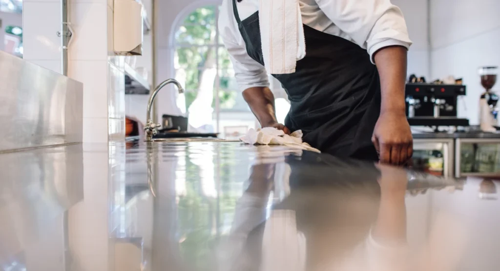 A waiter wiping a kitchen countertop