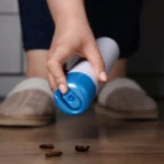 woman spraying insecticide on dead cockroaches on kitchen floor