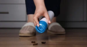 woman spraying insecticide on dead cockroaches on kitchen floor