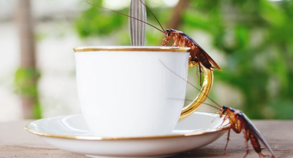 A close-up of a cockroach in a white mug
