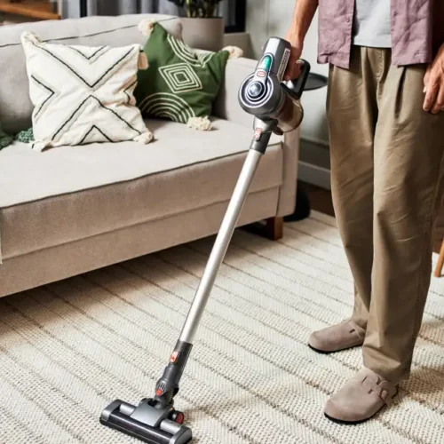 man vacuuming living room carpet with cordless vacuum