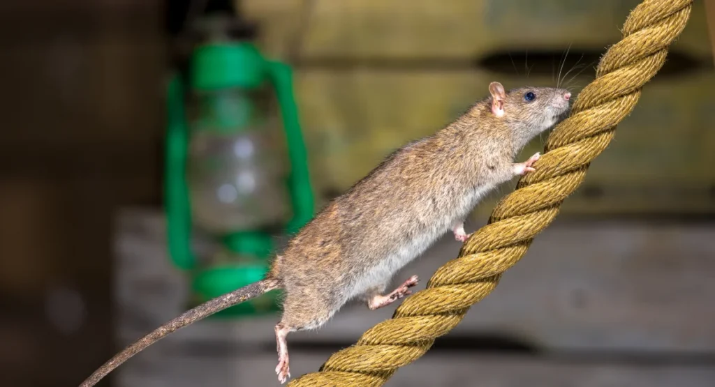 Roof rat climbing a rope