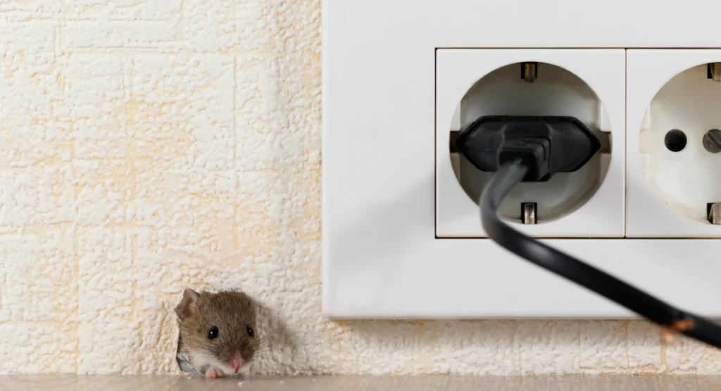 Mouse peeking out of a small hole in a kitchen wall