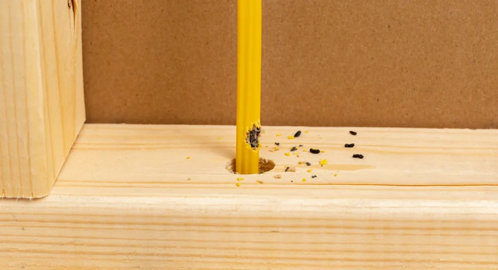 Evidence of mouse activity - mouse droppings and chewed wood