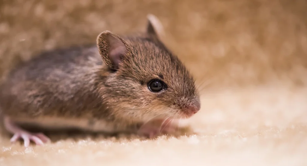 Close-up of a house mouse lying flat