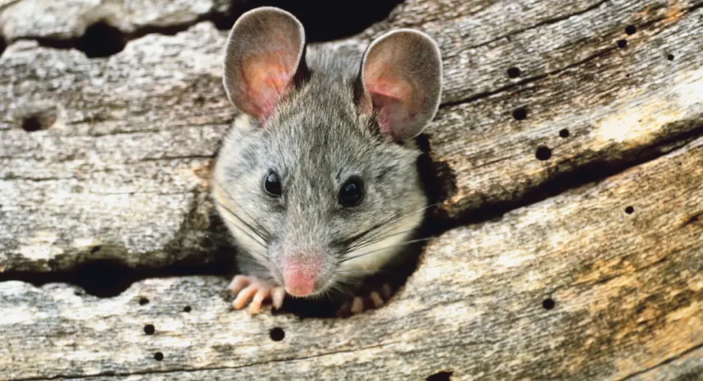 Wood rat peering out from hole in a log
