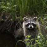 A raccoon peering out of tall grass