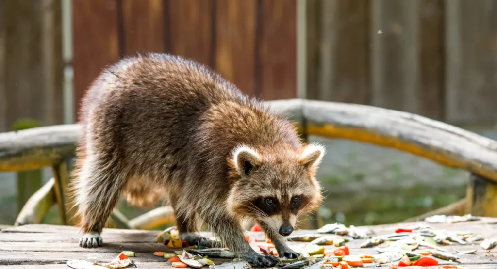 A raccoon foraging on a picnic table