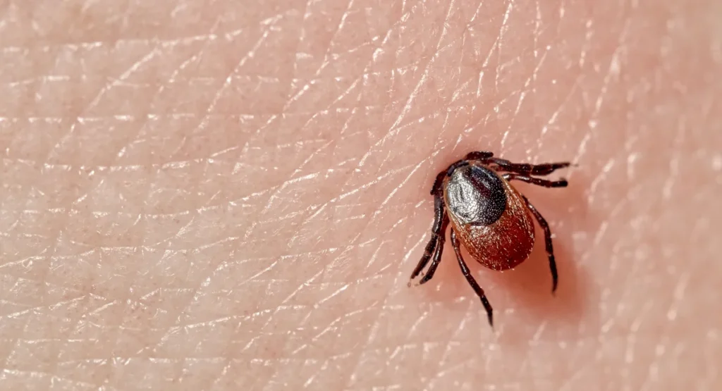 Sucking tick on human skin