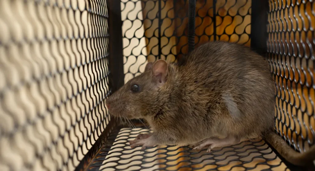 Close-up of a rat in a metal cage