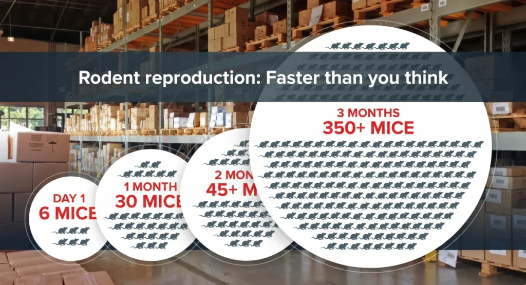 Image of a warehouse with graphic circles showing rodent reproduction: 6 mice on day 1 = 350+ mice in 3 months.