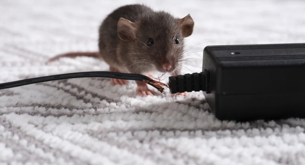 A mouse by a chewed electrical cable