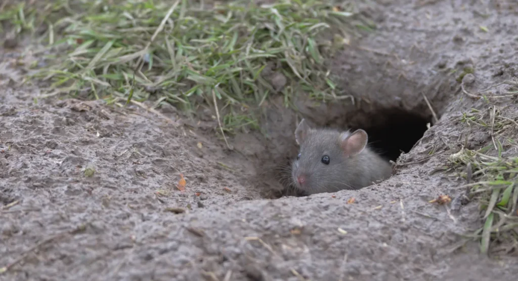 Rat at the edge of a burrow hole