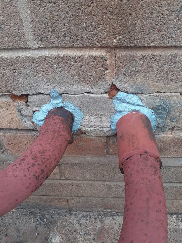 Two pipes surrounded by sealant where they enter a building to stop Australian cockroaches from entering
