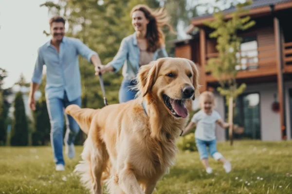 family running around garden with a dog and toddler