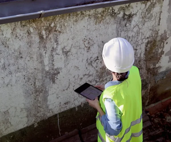 Technician inspecting the outside of a facility for rodents