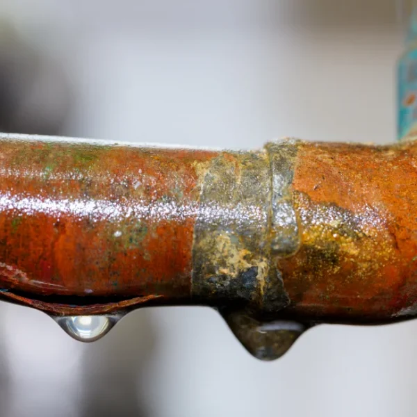 Leaky pipe with water droplets hanging underneath