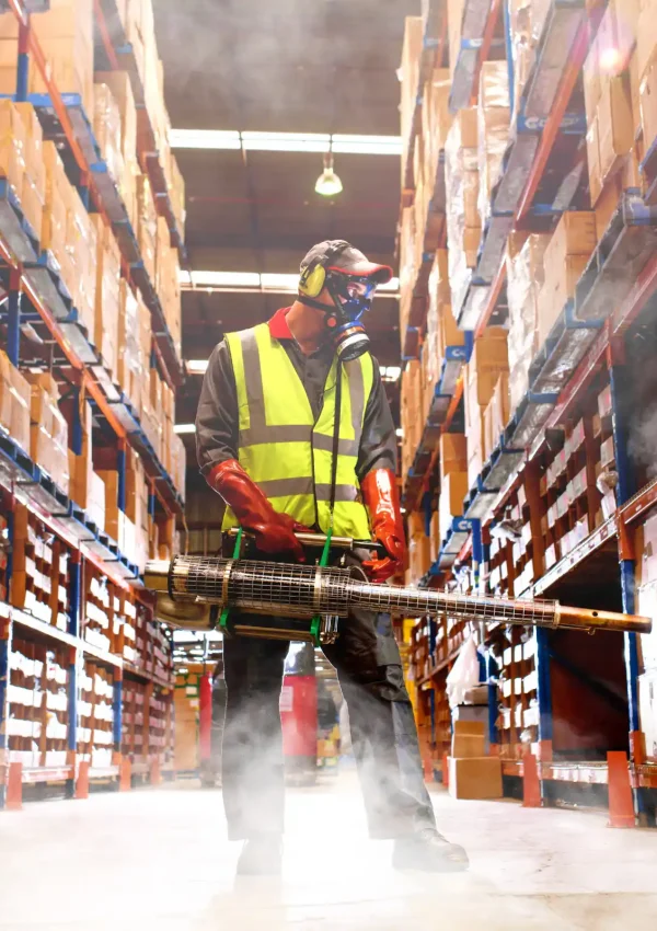 Technician with goggles and specialist breathing mask on fumigating a warehouse to eliminate cockroaches